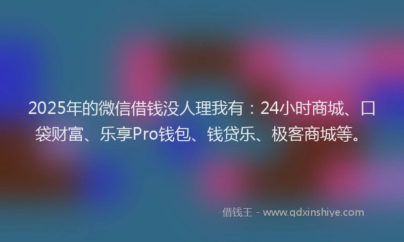 2025年的微信借钱没人理我有：24小时商城、口袋财富、乐享Pro钱包、钱贷乐、极客商城等。