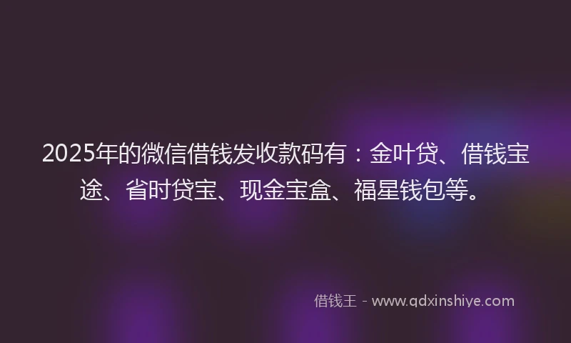 2025年的微信借钱发收款码有：金叶贷、借钱宝途、省时贷宝、现金宝盒、福星钱包等。