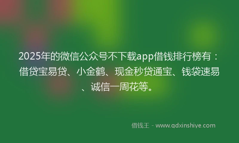 2025年的微信公众号不下载app借钱排行榜有：借贷宝易贷、小金鹤、现金秒贷通宝、钱袋速易、诚信一周花等。