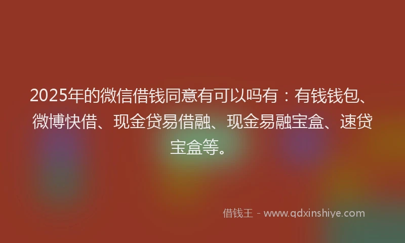 2025年的微信借钱同意有可以吗有：有钱钱包、微博快借、现金贷易借融、现金易融宝盒、速贷宝盒等。