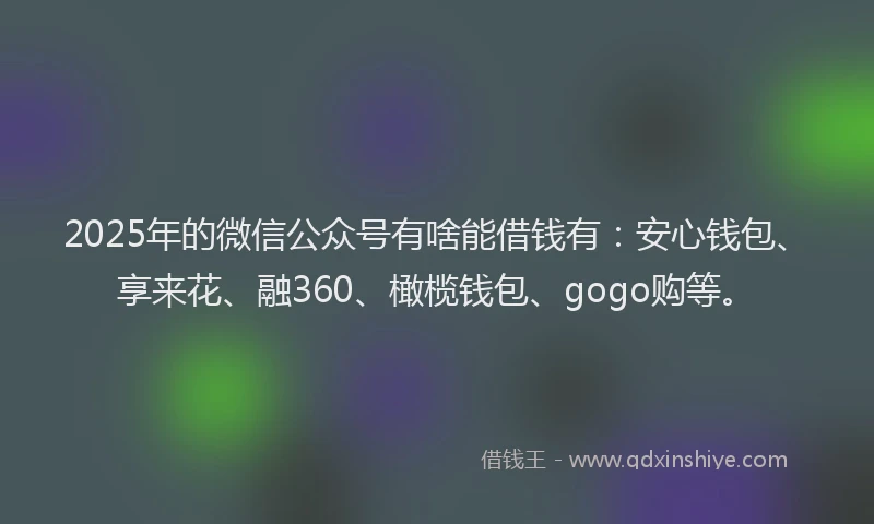 2025年的微信公众号有啥能借钱有：安心钱包、享来花、融360、橄榄钱包、gogo购等。