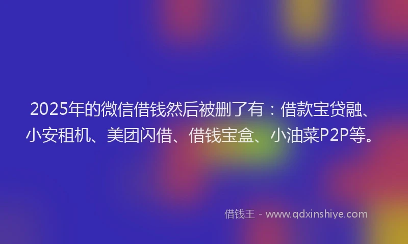 2025年的微信借钱然后被删了有：借款宝贷融、小安租机、美团闪借、借钱宝盒、小油菜P2P等。