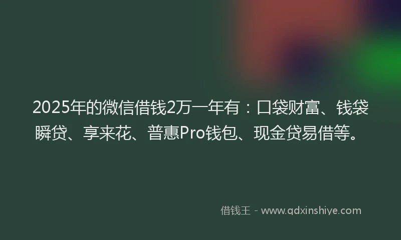 2025年的微信借钱2万一年有：口袋财富、钱袋瞬贷、享来花、普惠Pro钱包、现金贷易借等。