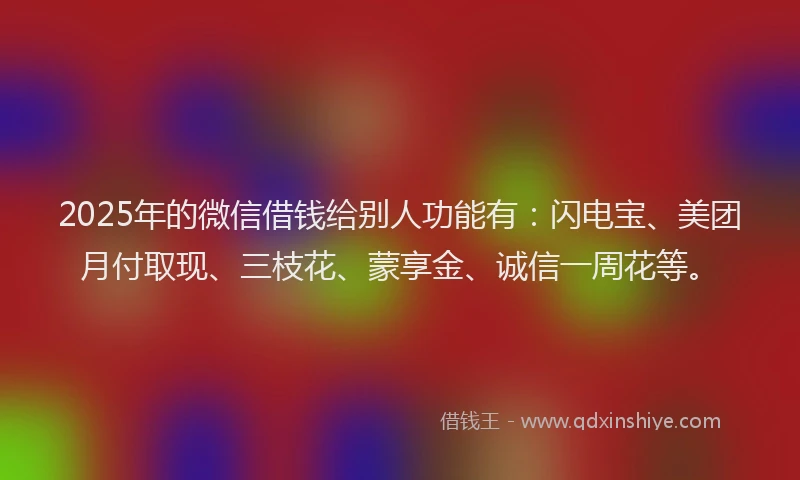 2025年的微信借钱给别人功能有：闪电宝、美团月付取现、三枝花、蒙享金、诚信一周花等。