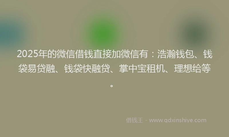 2025年的微信借钱直接加微信有：浩瀚钱包、钱袋易贷融、钱袋快融贷、掌中宝租机、理想给等。