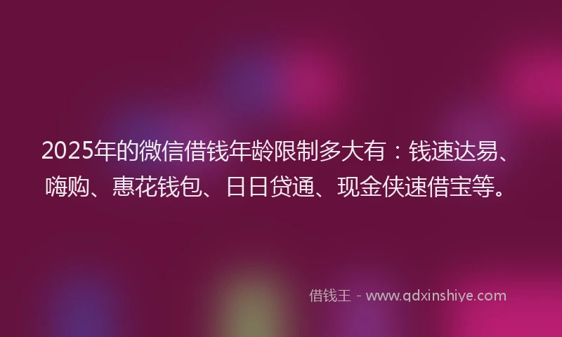 2025年的微信借钱年龄限制多大有：钱速达易、嗨购、惠花钱包、日日贷通、现金侠速借宝等。