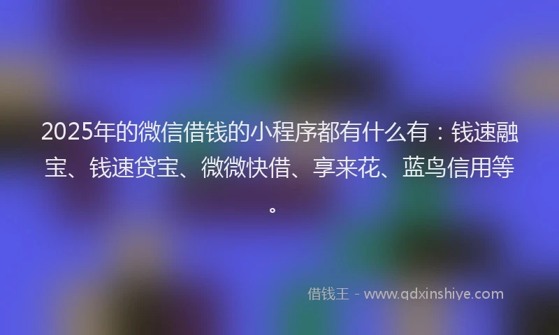 2025年的微信借钱的小程序都有什么有：钱速融宝、钱速贷宝、微微快借、享来花、蓝鸟信用等。