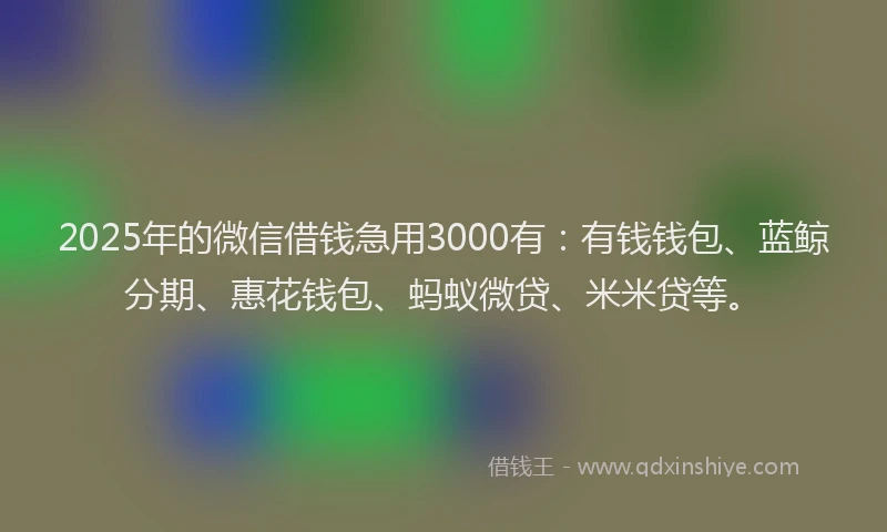 2025年的微信借钱急用3000有：有钱钱包、蓝鲸分期、惠花钱包、蚂蚁微贷、米米贷等。