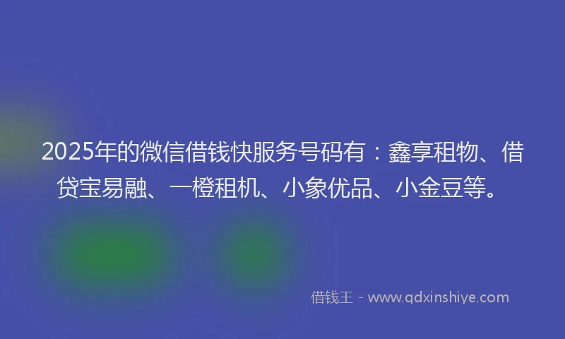 2025年的微信借钱快服务号码有：鑫享租物、借贷宝易融、一橙租机、小象优品、小金豆等。