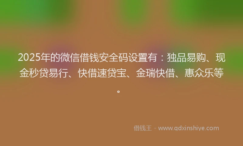 2025年的微信借钱安全码设置有：独品易购、现金秒贷易行、快借速贷宝、金瑞快借、惠众乐等。