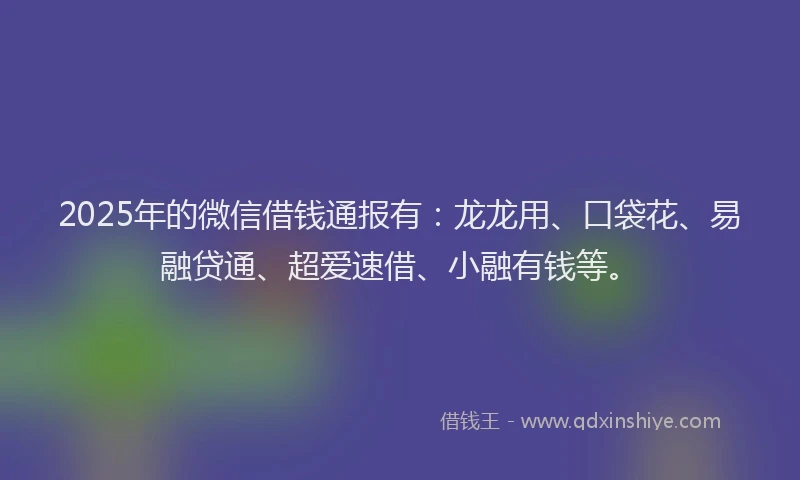 2025年的微信借钱通报有：龙龙用、口袋花、易融贷通、超爱速借、小融有钱等。