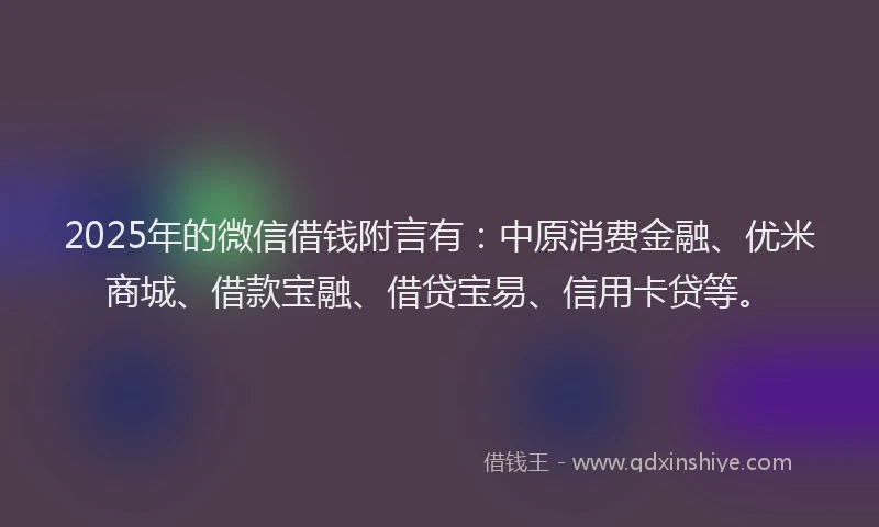 2025年的微信借钱附言有：中原消费金融、优米商城、借款宝融、借贷宝易、信用卡贷等。