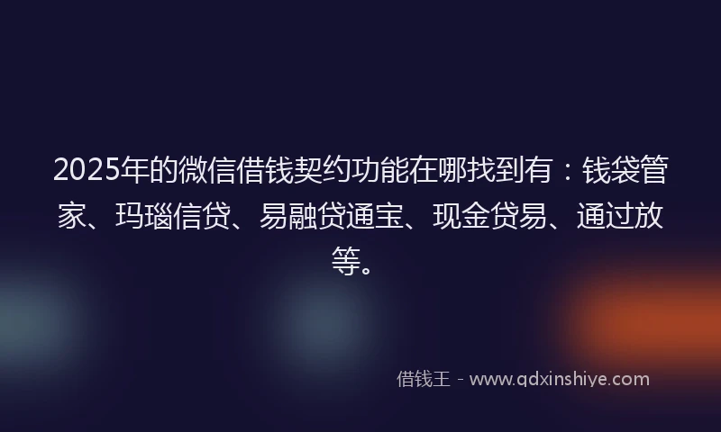 2025年的微信借钱契约功能在哪找到有：钱袋管家、玛瑙信贷、易融贷通宝、现金贷易、通过放等。