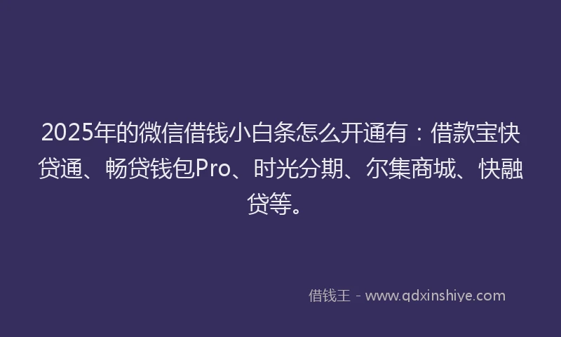 2025年的微信借钱小白条怎么开通有：借款宝快贷通、畅贷钱包Pro、时光分期、尔集商城、快融贷等。