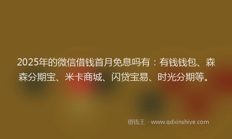 2025年的微信借钱首月免息吗有：有钱钱包、森森分期宝、米卡商城、闪贷宝易、时光分期等。