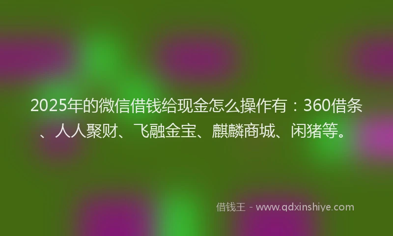 2025年的微信借钱给现金怎么操作有：360借条、人人聚财、飞融金宝、麒麟商城、闲猪等。