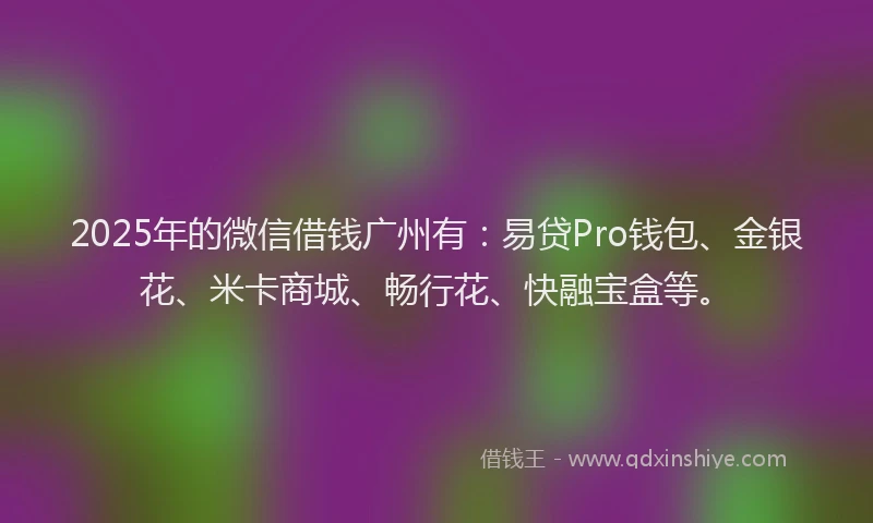 2025年的微信借钱广州有：易贷Pro钱包、金银花、米卡商城、畅行花、快融宝盒等。