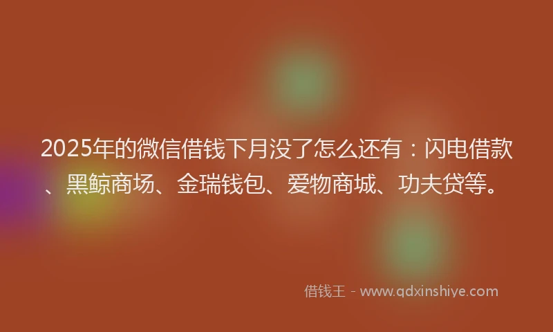 2025年的微信借钱下月没了怎么还有：闪电借款、黑鲸商场、金瑞钱包、爱物商城、功夫贷等。