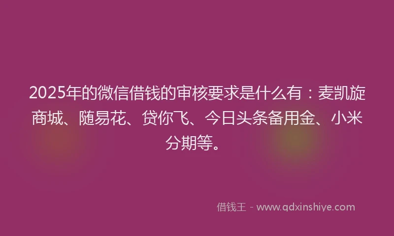 2025年的微信借钱的审核要求是什么有：麦凯旋商城、随易花、贷你飞、今日头条备用金、小米分期等。