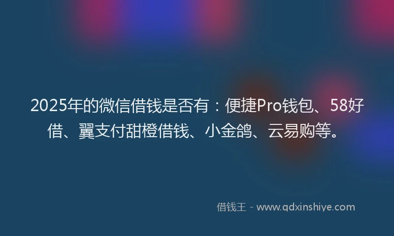 2025年的微信借钱是否有：便捷Pro钱包、58好借、翼支付甜橙借钱、小金鸽、云易购等。