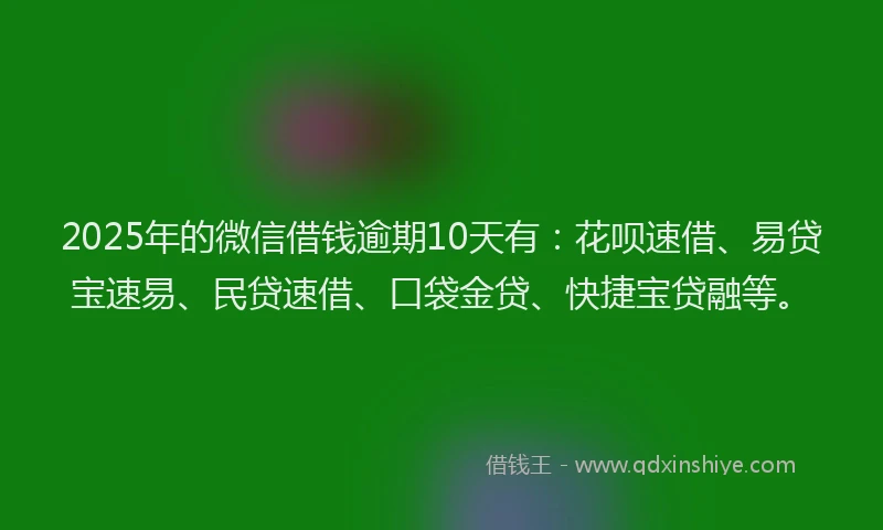 2025年的微信借钱逾期10天有：花呗速借、易贷宝速易、民贷速借、口袋金贷、快捷宝贷融等。