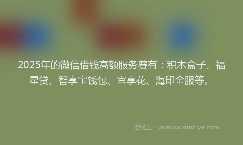 2025年的微信借钱高额服务费有：积木盒子、福星贷、智享宝钱包、宜享花、海印金服等。
