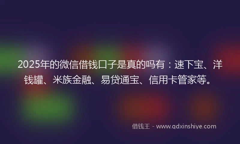 2025年的微信借钱口子是真的吗有：速下宝、洋钱罐、米族金融、易贷通宝、信用卡管家等。