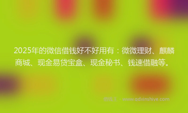 2025年的微信借钱好不好用有：微微理财、麒麟商城、现金易贷宝盒、现金秘书、钱速借融等。