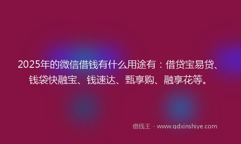 2025年的微信借钱有什么用途有：借贷宝易贷、钱袋快融宝、钱速达、甄享购、融享花等。