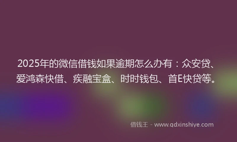 2025年的微信借钱如果逾期怎么办有：众安贷、爱鸿森快借、疾融宝盒、时时钱包、首E快贷等。