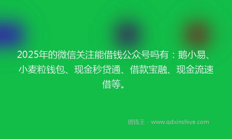 2025年的微信关注能借钱公众号吗有：鹅小易、小麦粒钱包、现金秒贷通、借款宝融、现金流速借等。