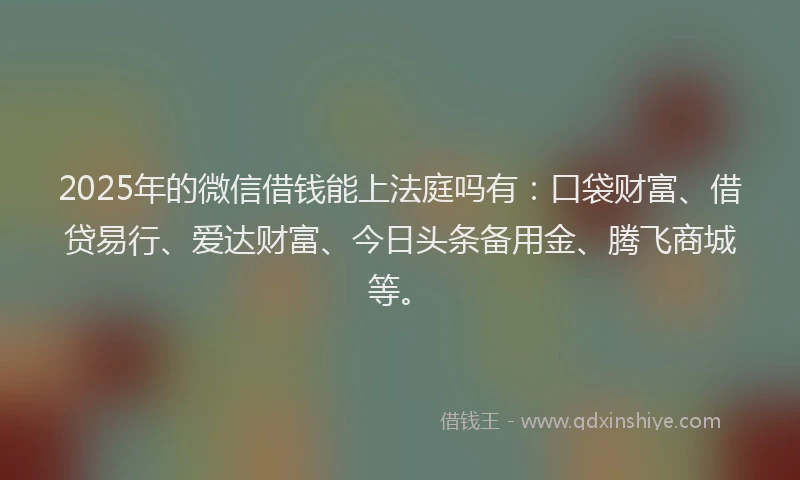 2025年的微信借钱能上法庭吗有：口袋财富、借贷易行、爱达财富、今日头条备用金、腾飞商城等。