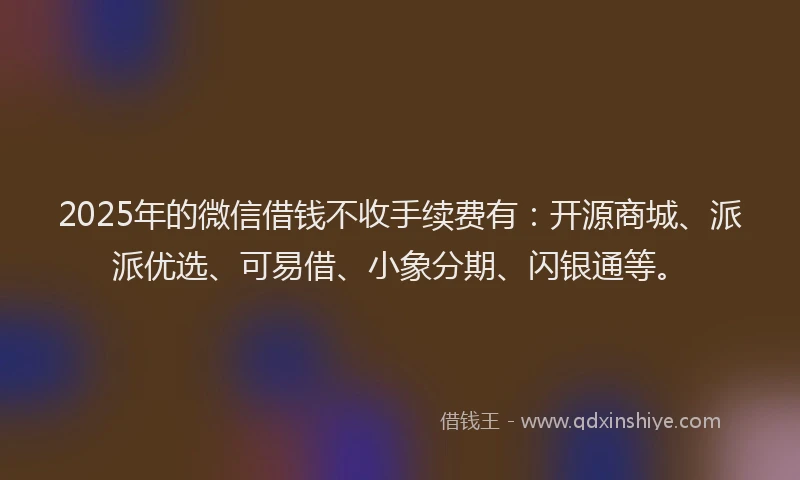 2025年的微信借钱不收手续费有：开源商城、派派优选、可易借、小象分期、闪银通等。