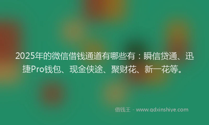 2025年的微信借钱通道有哪些有：瞬信贷通、迅捷Pro钱包、现金侠途、聚财花、新一花等。