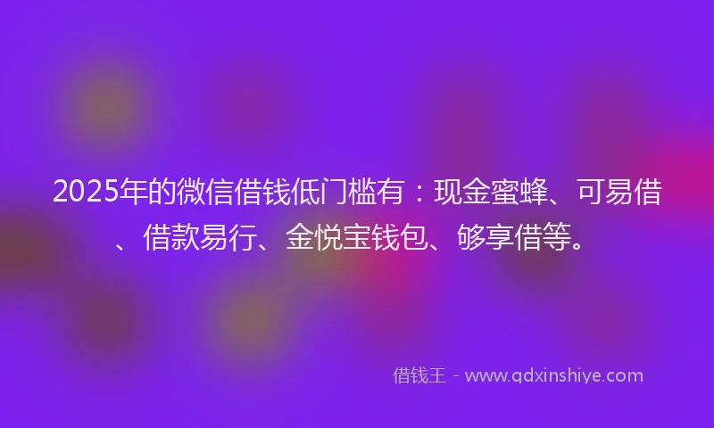 2025年的微信借钱低门槛有：现金蜜蜂、可易借、借款易行、金悦宝钱包、够享借等。