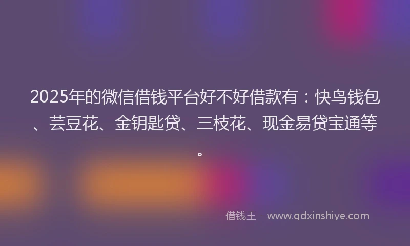 2025年的微信借钱平台好不好借款有：快鸟钱包、芸豆花、金钥匙贷、三枝花、现金易贷宝通等。