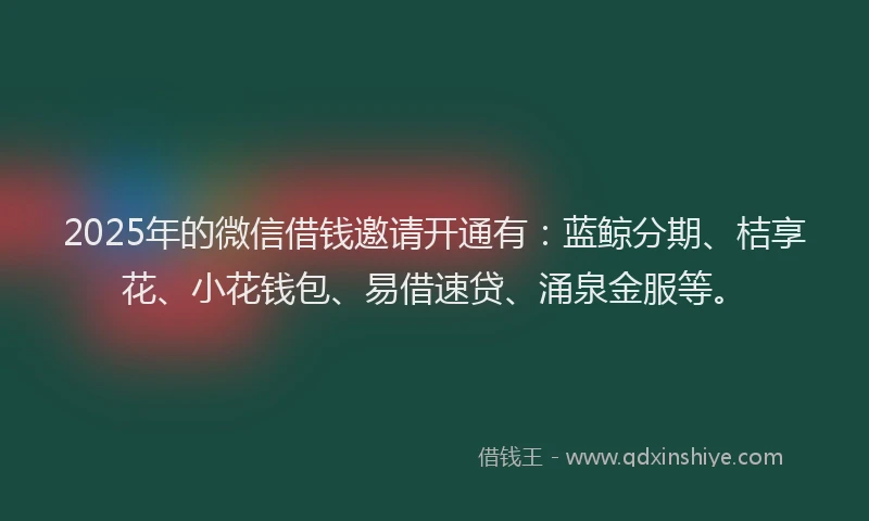 2025年的微信借钱邀请开通有：蓝鲸分期、桔享花、小花钱包、易借速贷、涌泉金服等。