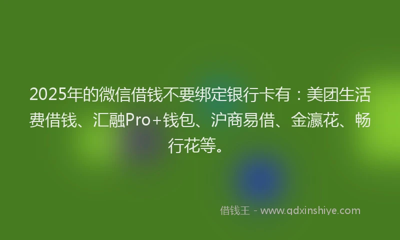 2025年的微信借钱不要绑定银行卡有：美团生活费借钱、汇融Pro+钱包、沪商易借、金瀛花、畅行花等。