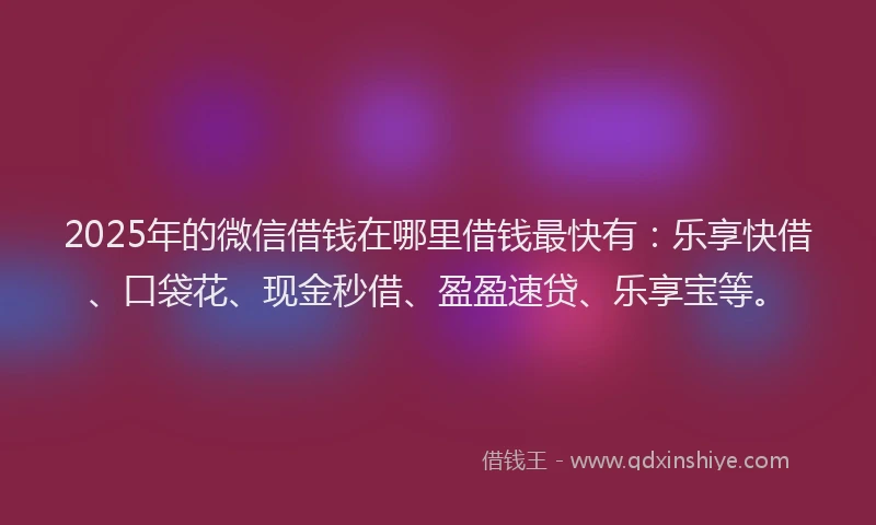 2025年的微信借钱在哪里借钱最快有：乐享快借、口袋花、现金秒借、盈盈速贷、乐享宝等。