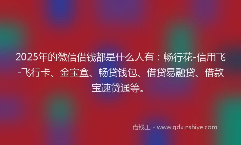 2025年的微信借钱都是什么人有：畅行花-信用飞-飞行卡、金宝盒、畅贷钱包、借贷易融贷、借款宝速贷通等。