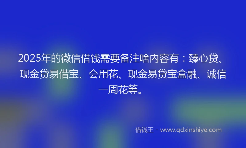2025年的微信借钱需要备注啥内容有：臻心贷、现金贷易借宝、会用花、现金易贷宝盒融、诚信一周花等。