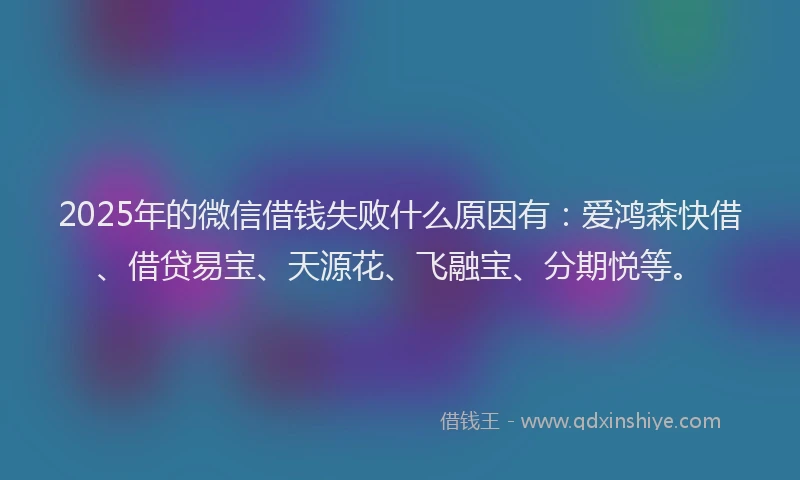 2025年的微信借钱失败什么原因有：爱鸿森快借、借贷易宝、天源花、飞融宝、分期悦等。