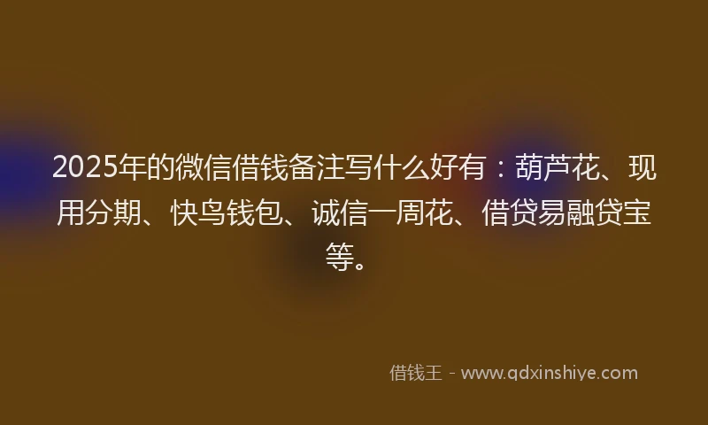 2025年的微信借钱备注写什么好有：葫芦花、现用分期、快鸟钱包、诚信一周花、借贷易融贷宝等。