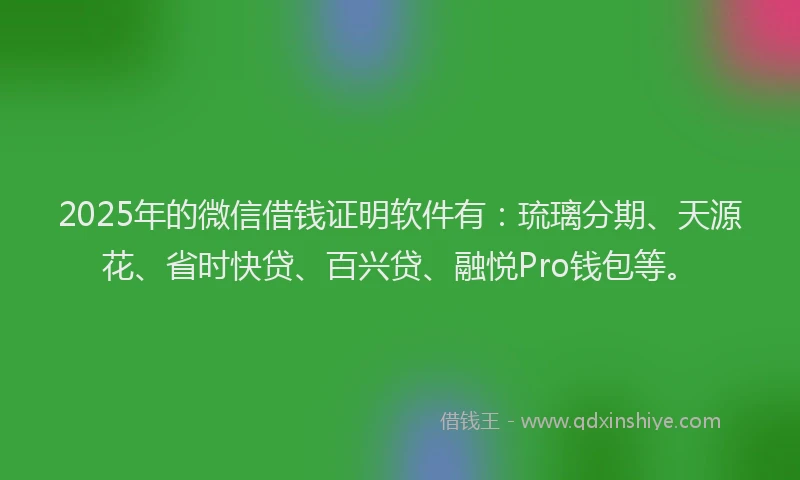 2025年的微信借钱证明软件有：琉璃分期、天源花、省时快贷、百兴贷、融悦Pro钱包等。