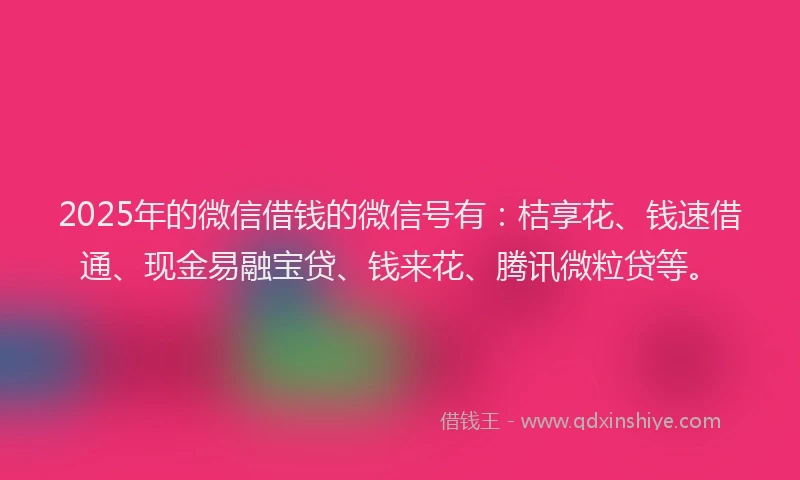 2025年的微信借钱的微信号有：桔享花、钱速借通、现金易融宝贷、钱来花、腾讯微粒贷等。
