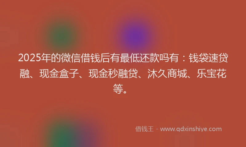 2025年的微信借钱后有最低还款吗有：钱袋速贷融、现金盒子、现金秒融贷、沐久商城、乐宝花等。