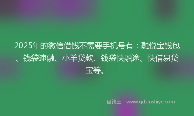 2025年的微信借钱不需要手机号有：融悦宝钱包、钱袋速融、小羊贷款、钱袋快融途、快借易贷宝等。