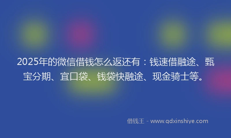2025年的微信借钱怎么返还有：钱速借融途、甄宝分期、宜口袋、钱袋快融途、现金骑士等。
