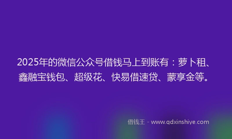 2025年的微信公众号借钱马上到账有：萝卜租、鑫融宝钱包、超级花、快易借速贷、蒙享金等。