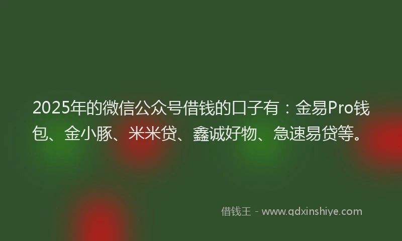 2025年的微信公众号借钱的口子有：金易Pro钱包、金小豚、米米贷、鑫诚好物、急速易贷等。